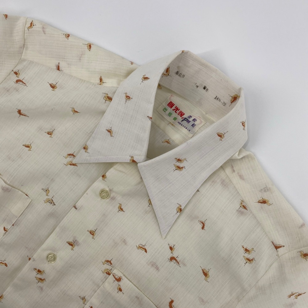 Vintage Bird Print Shirt Mens 14.5 Cream Slub Retro 70s Guang Hua Paper Thin